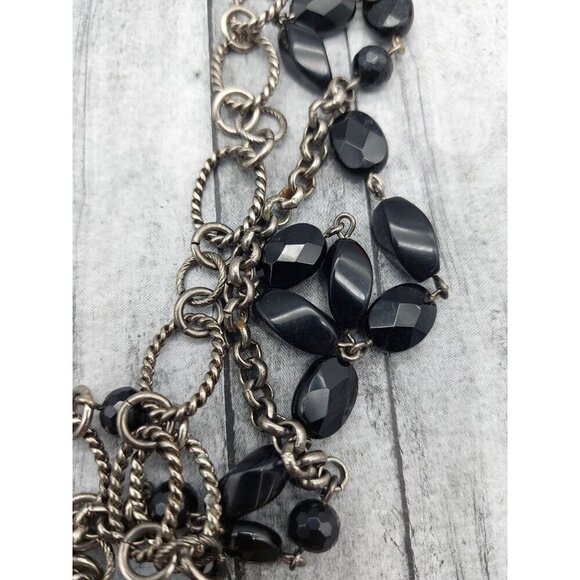 Silver Tone & Black Bead Twisted Multi Chain Statement Necklace Layer Adjustable - Picture 10 of 10